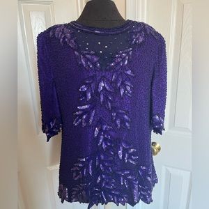 80s 90s formal prom vintage beaded purple top shoulder pads size Large zipper
